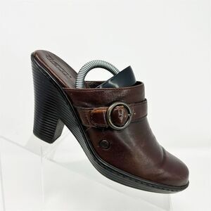 Born Women's Brown Leather Slip On Clogs Size 7 Buckle Detail Block Heel